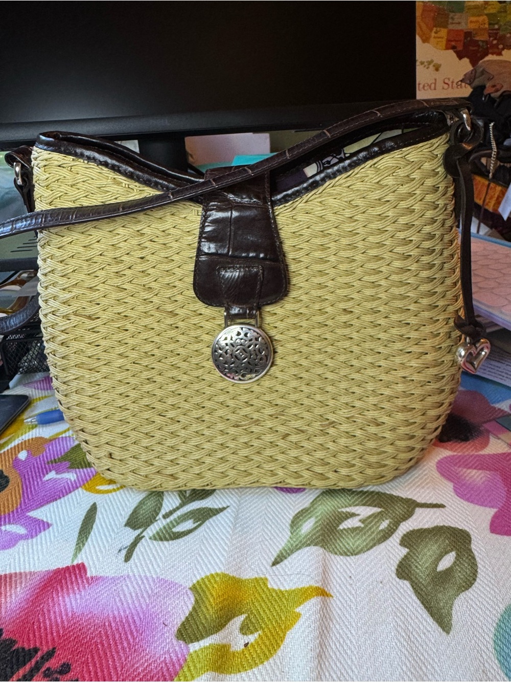 EUC, BRIGHTON,!Woven Straw Shoulder Bag with tan woven body and dark leathertrim